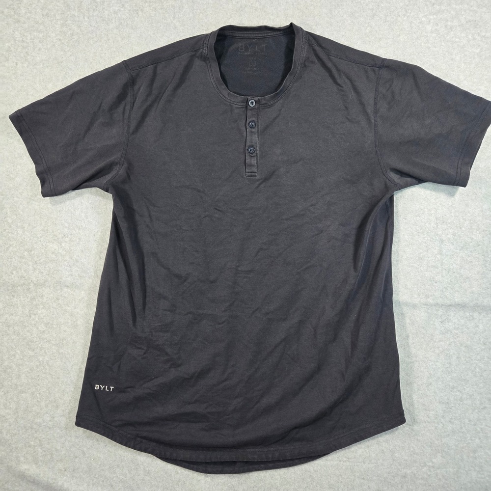 BYLT Premium Basics Mens Large Black Short Sleeve Drop Cut Henley Shirt Stretch